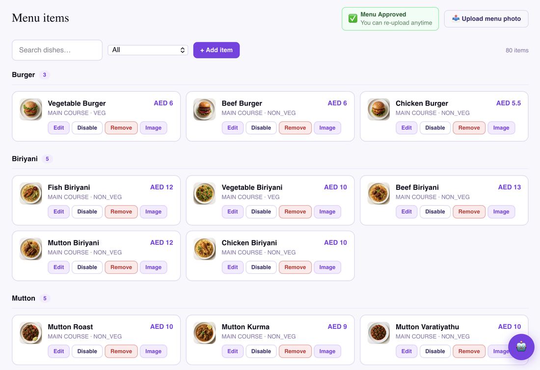 WowMenu menu management screen listing over 80 dishes, each with a photo, price, and course or diet tag, awaiting owner approval