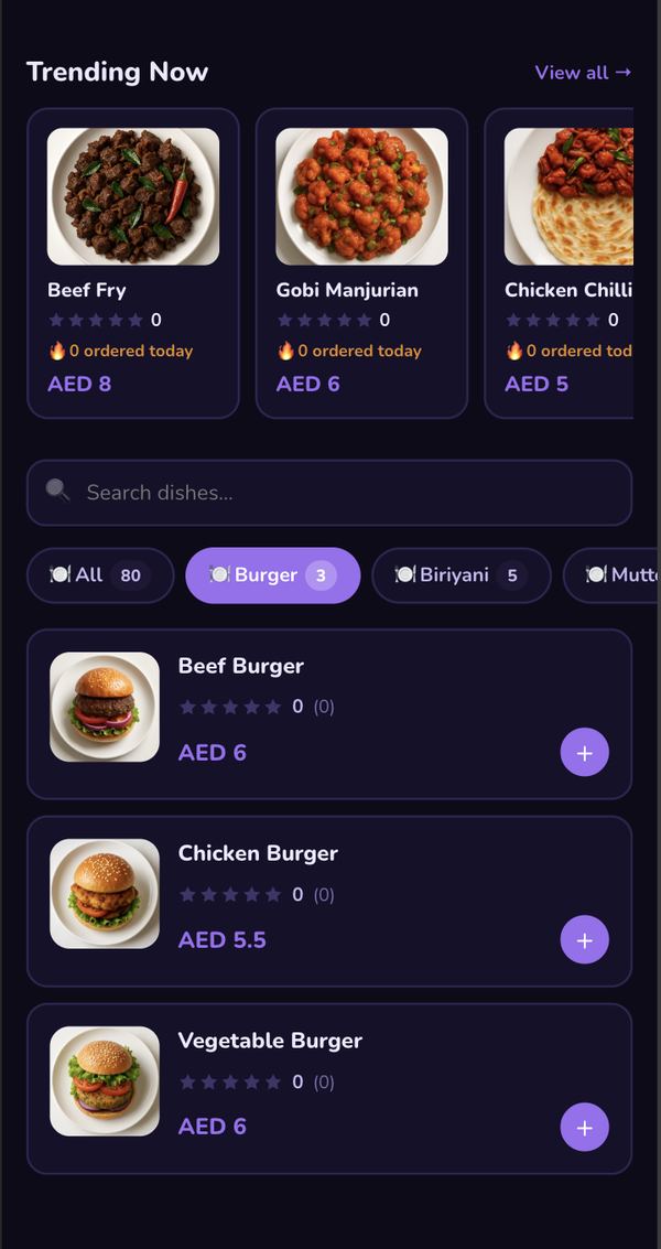 Guest-facing digital menu browsing screen with a trending dishes carousel, category filters, and a searchable item list