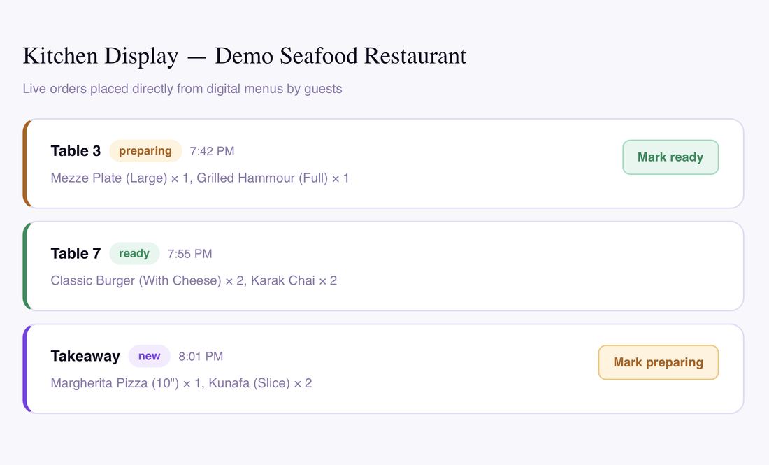 WowMenu kitchen display system screen showing a live order queue organised by table and takeaway status