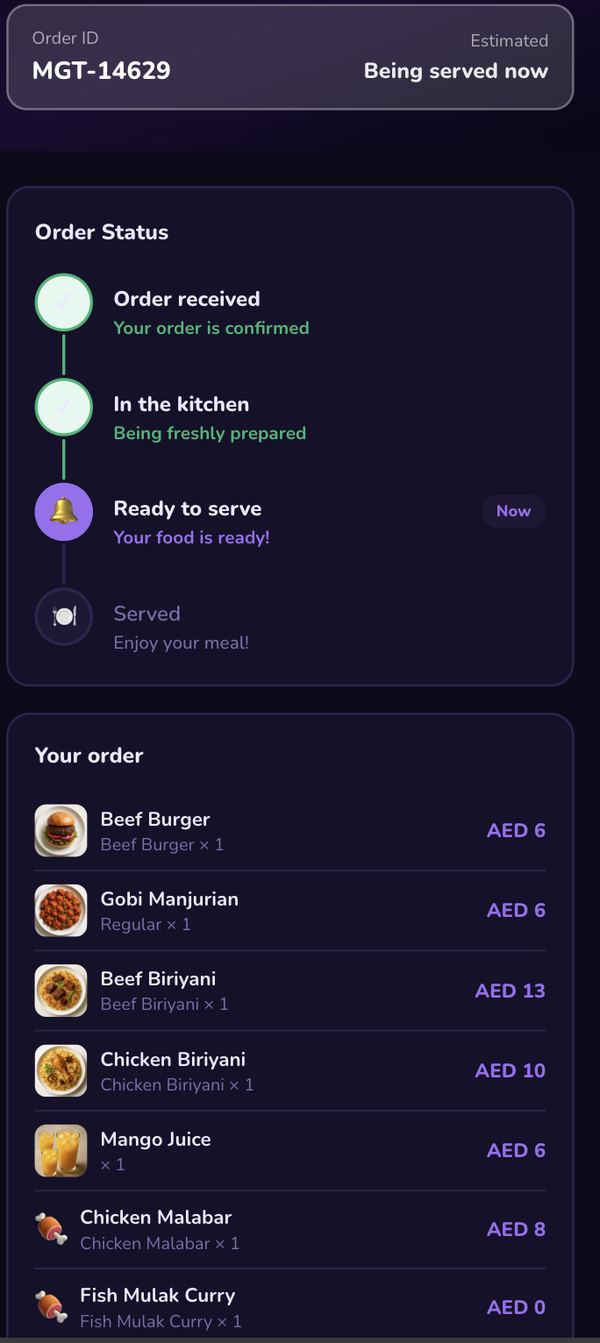 Live order status tracker on the WowMenu digital menu showing four steps: order received, in the kitchen, ready to serve, and served