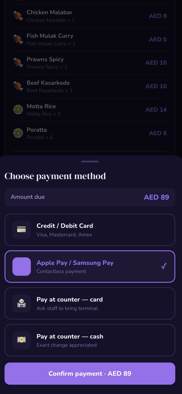 Choose payment method screen on the WowMenu guest menu offering card, Apple Pay, Google Pay, or pay at counter by card or cash