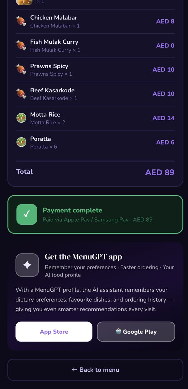 Payment confirmation receipt screen with a success badge after a guest completes checkout on the WowMenu digital menu