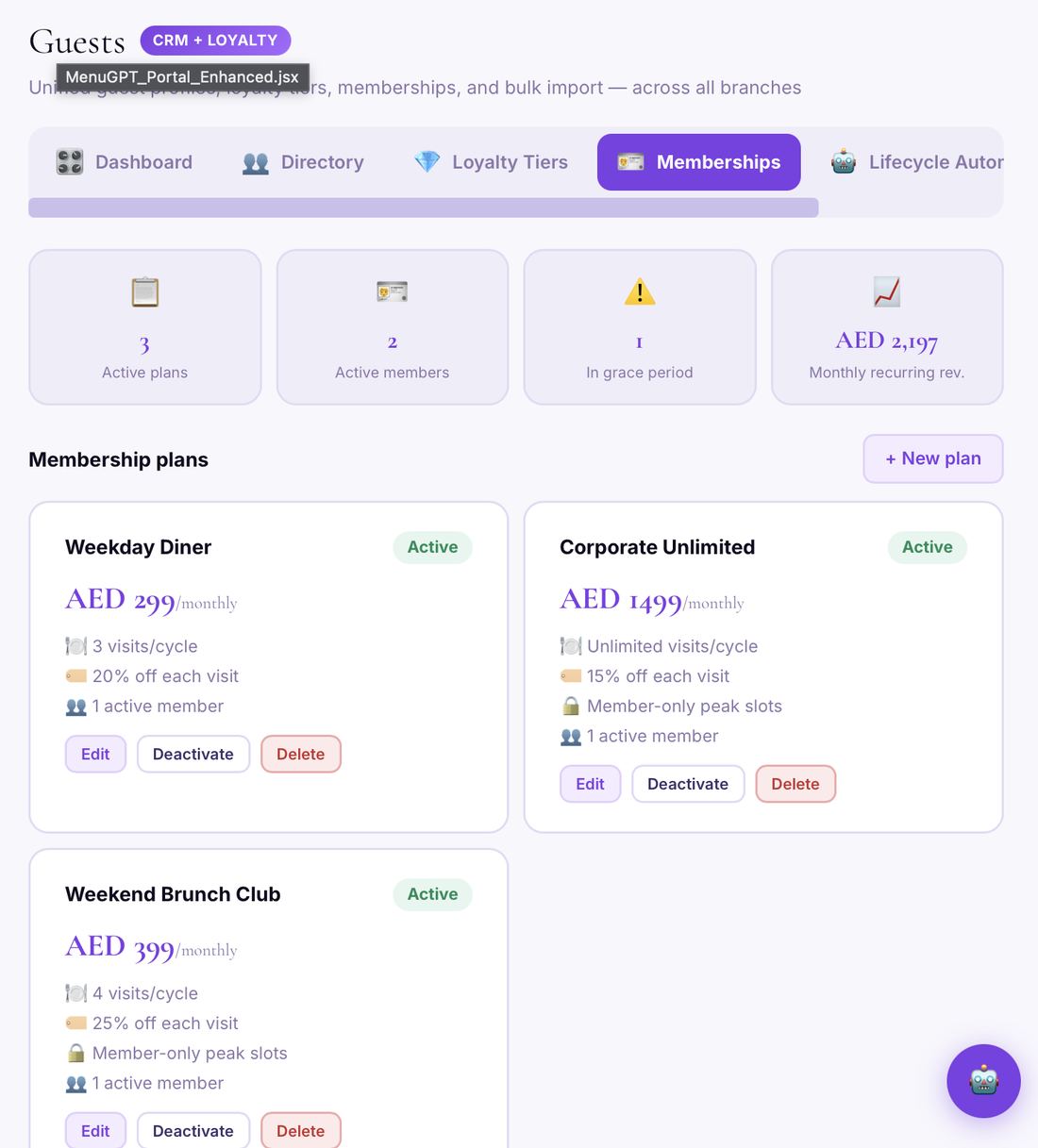 WowMenu guest CRM memberships tab showing plan cards for Weekday Diner, Brunch Club, and Corporate Unlimited with subscriber stats