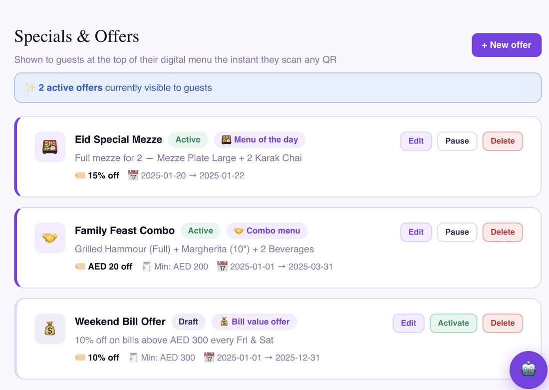 Guest-facing specials and offers list showing seasonal promotions, combo deals, and weekend bill-value offers displayed on scan