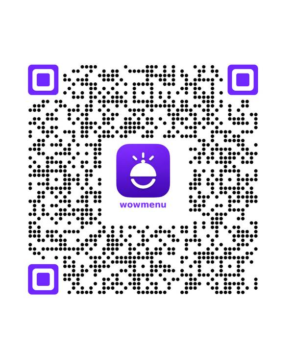 WowMenu branded QR code with the purple wowmenu logo, the code a guest scans at their table to open the AI-powered digital menu