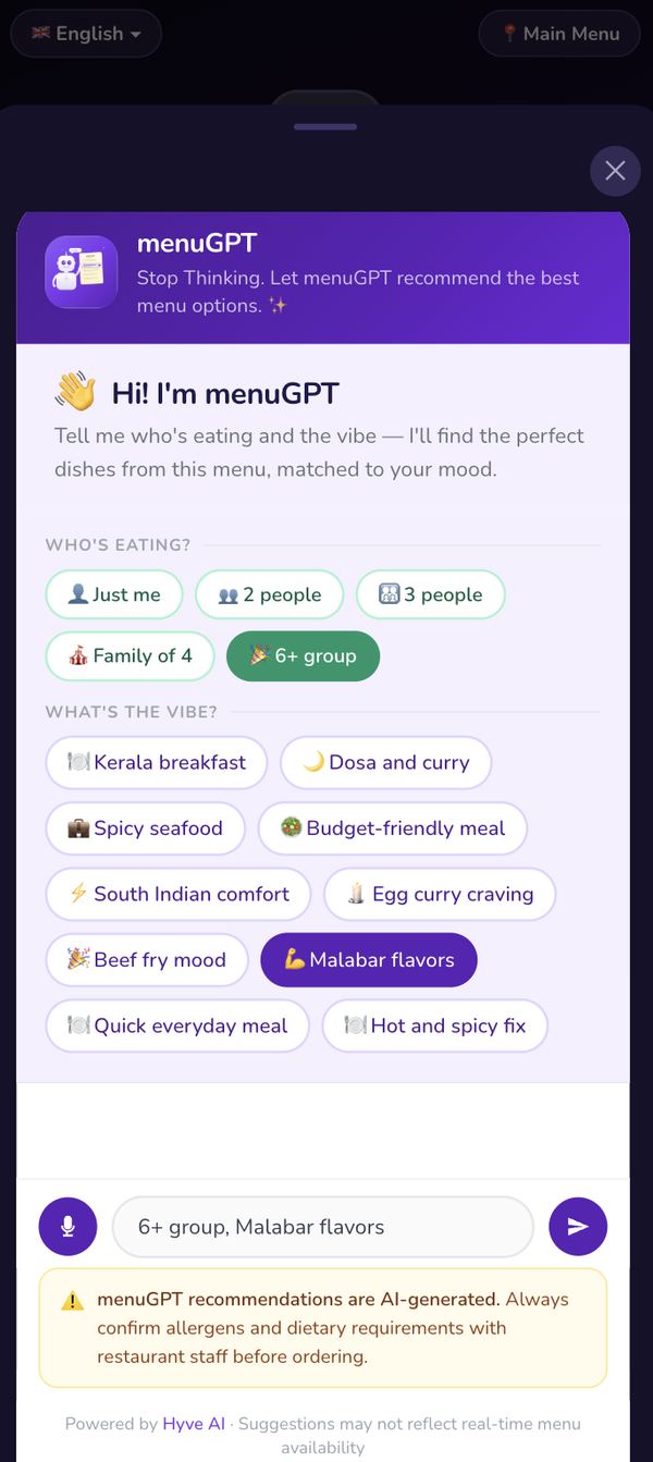 WowMenu AI assistant onboarding screen with 'Who's eating?' and 'What's the vibe?' chip selectors for personalised dish recommendations