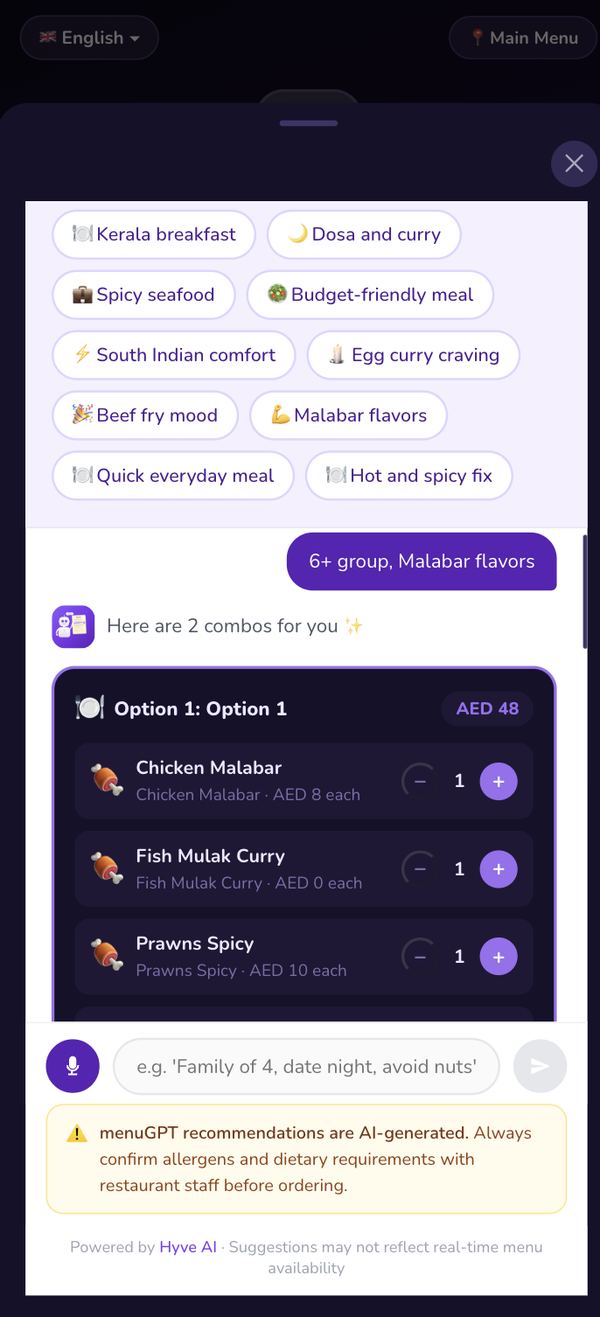 AI-generated combo recommendation for a group of six craving Malabar flavours, with per-item pricing and add-to-order controls