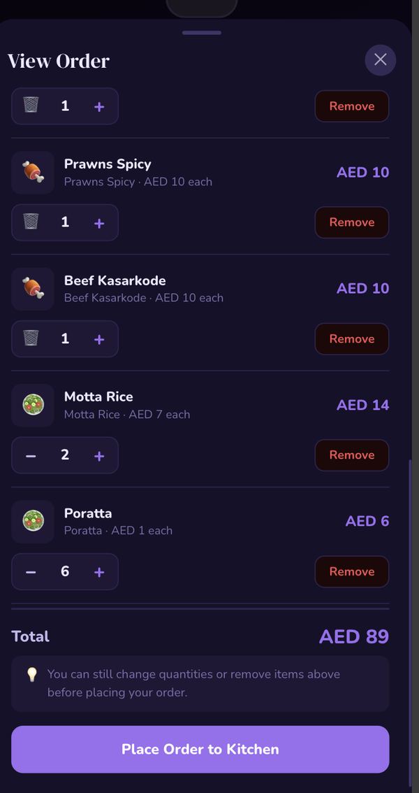 Cart and order review screen with quantity steppers, order total, and a Place Order to Kitchen button